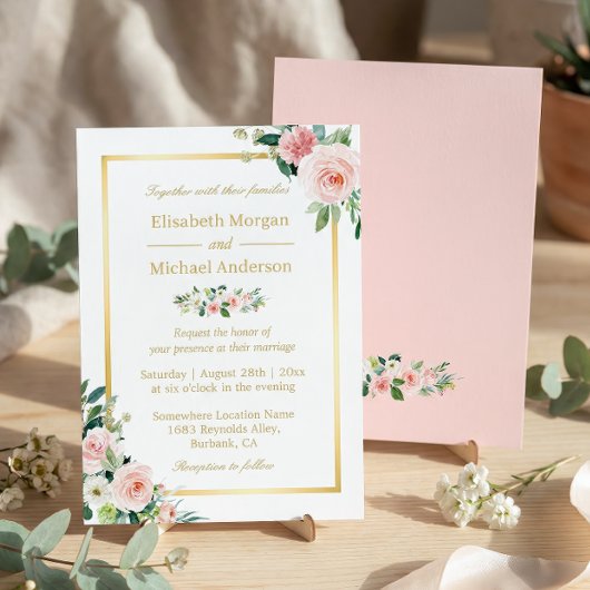 Blushing Pink Floral Gold Lijst Elegant Weddenscha Kaart