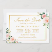 Blushing Pink Floral Gold Lijst Weddenschap Save The Date (Voorkant)