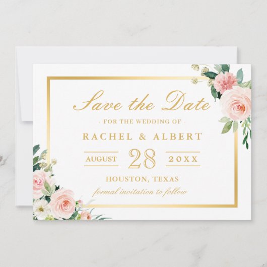 Blushing Pink Floral Gold Lijst Weddenschap Save The Date (Voorkant)
