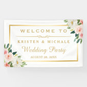 Blushing Pink Floral Gold Lijst Weddenschap Spandoek (Horizontaal)