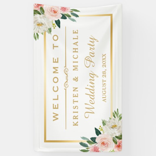 Blushing Pink Floral Gold Lijst Weddenschap Spandoek (Verticaal)