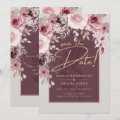 Blushing Pink Maroon Floral Wedding BEWAART DATUM Kaart (Voorkant / Achterkant)