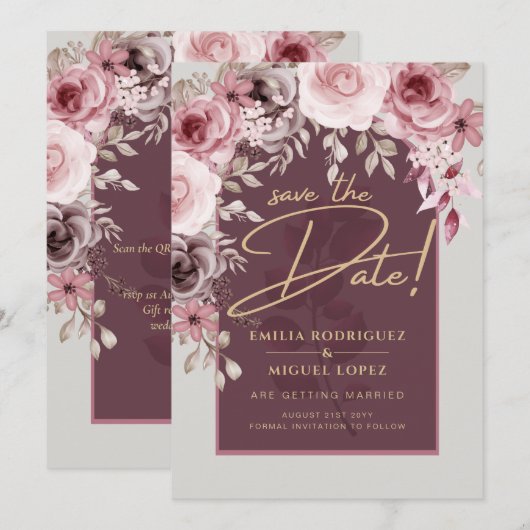 Blushing Pink Maroon Floral Wedding BEWAART DATUM Kaart (Voorkant / Achterkant)