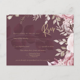 Blushing Pink Maroon Floral Wedding RSVP Briefkaart