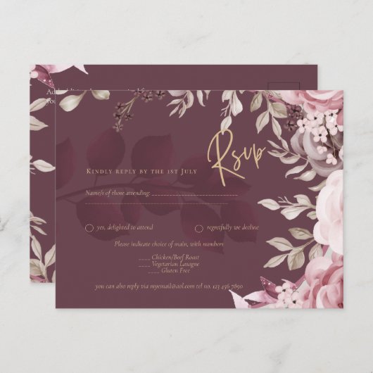 Blushing Pink Maroon Floral Wedding RSVP Briefkaart (Voorkant / Achterkant)