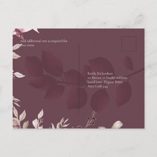 Blushing Pink Maroon Floral Wedding RSVP Briefkaart (Achterkant)