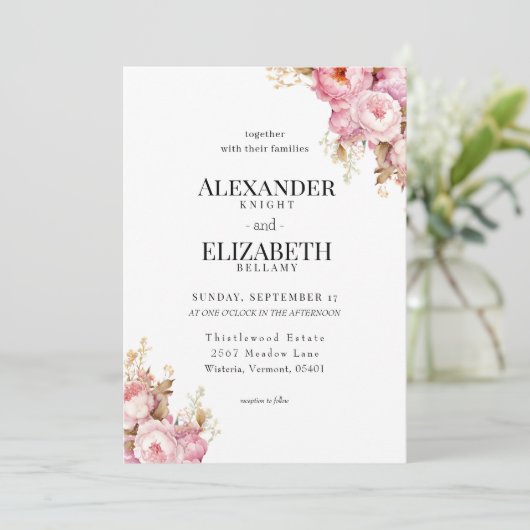 Blushing pioen bloeit bruiloft uitnodiging (Staand voorkant)