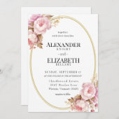 Blushing pioen van gouden cirkel bruiloft uitnodig kaart (Voorkant / Achterkant)