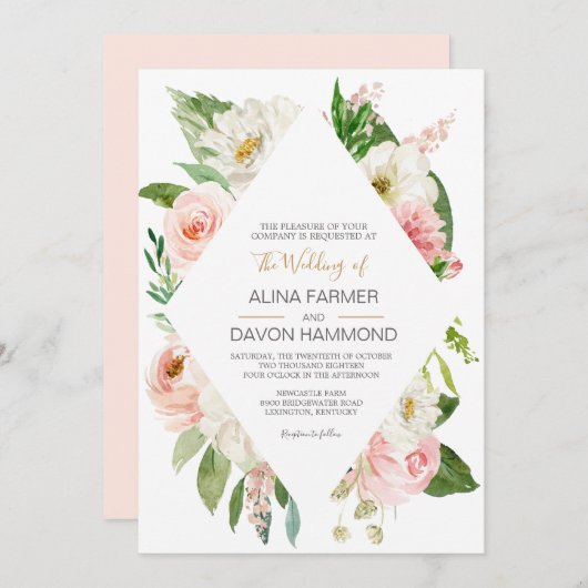 Blushing Roos Blush Pink and White Floral Wedding Kaart (Voorkant / Achterkant)