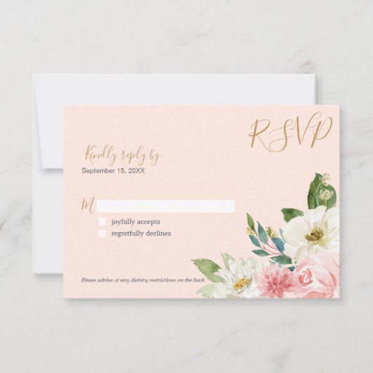 Blushing Roos Blush Pink Navy White Floral Wedding RSVP Kaartje (Voorkant)