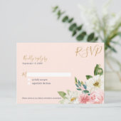 Blushing Roos Blush Pink Navy White Floral Wedding RSVP Kaartje (Staand voorkant)
