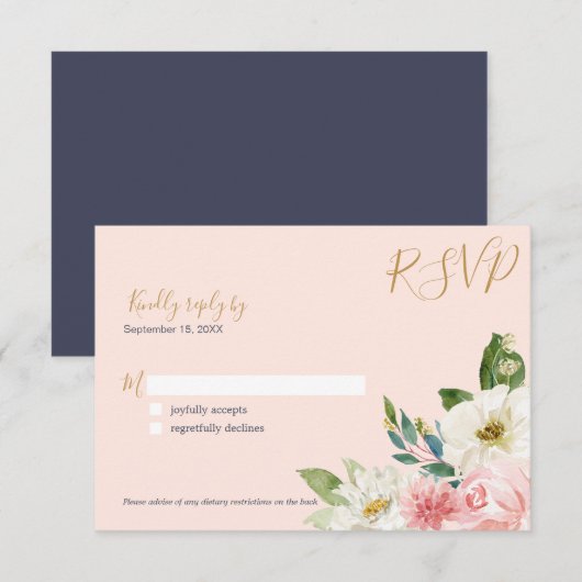 Blushing Roos Blush Pink Navy White Floral Wedding RSVP Kaartje (Voorkant / Achterkant)
