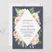 Blushing Roos Blush Pink White Navy Floral Weddens Kaart (Voorkant)
