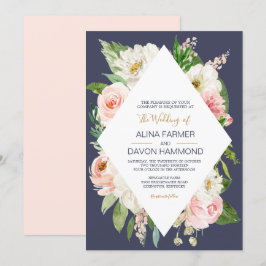 Blushing Roos Blush Pink White Navy Floral Weddens Kaart