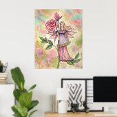 Blushing Roos Fairy met Roze Rozen Art Poster (Thuiskantoor)