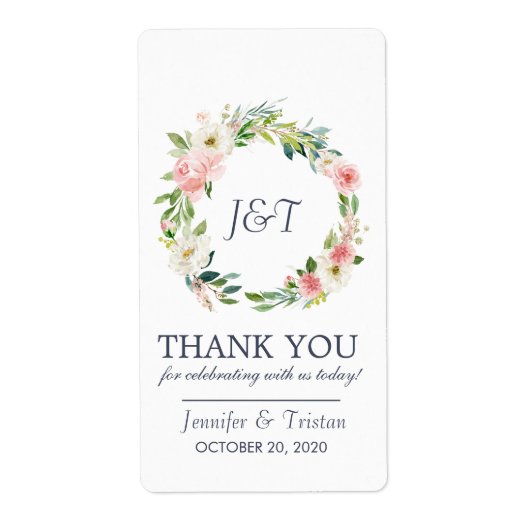 Blushing Roos Navy Blush Bloemen Bruiloft Dank u Etiket (Voorkant)