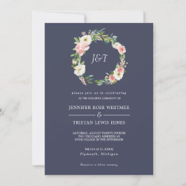 Blushing Roos Navy & White Wreater Monogram Weddin Kaart