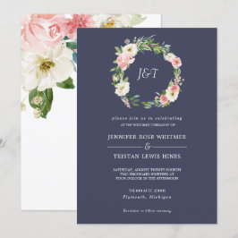 Blushing Roos Navy & White Wreater Monogram Weddin Kaart