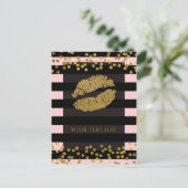 Blushing Roze & Black Stripes Gold Faux Folie Stip Briefkaart (Staand voorkant)