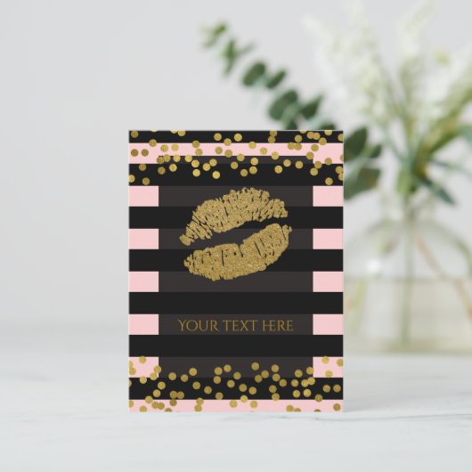 Blushing Roze & Black Stripes Gold Faux Folie Stip Briefkaart (Staand voorkant)