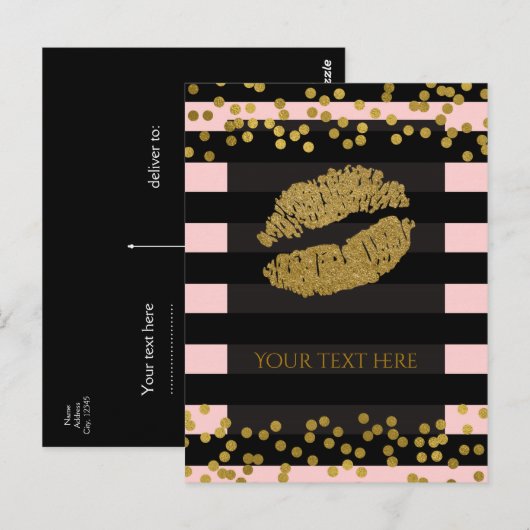 Blushing Roze & Black Stripes Gold Faux Folie Stip Briefkaart (Voorkant / Achterkant)