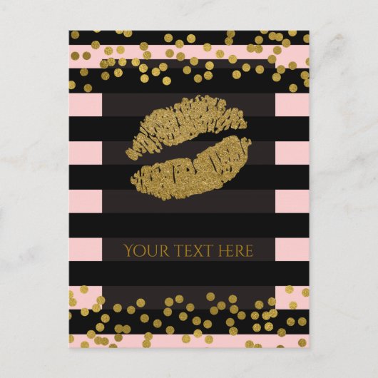 Blushing Roze & Black Stripes Gold Faux Folie Stip Briefkaart (Voorkant)