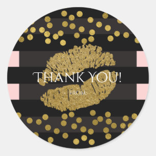 Blushing roze & Black Stripes Gold Kiss Lips Ronde Sticker