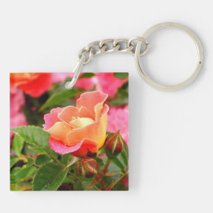 Blushing Roze en Oranje Roos Bud Sleutelhanger