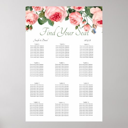 Blushing Roze Floral Elegant Seat Chart Poster (Voorkant)