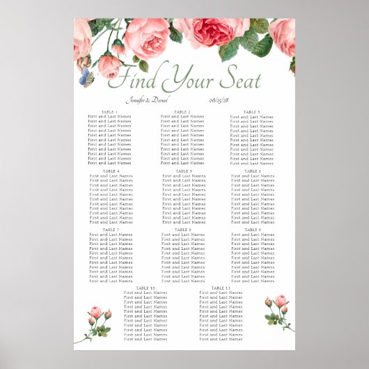 Blushing Roze Floral Elegant Seat Chart Poster (Voorkant)