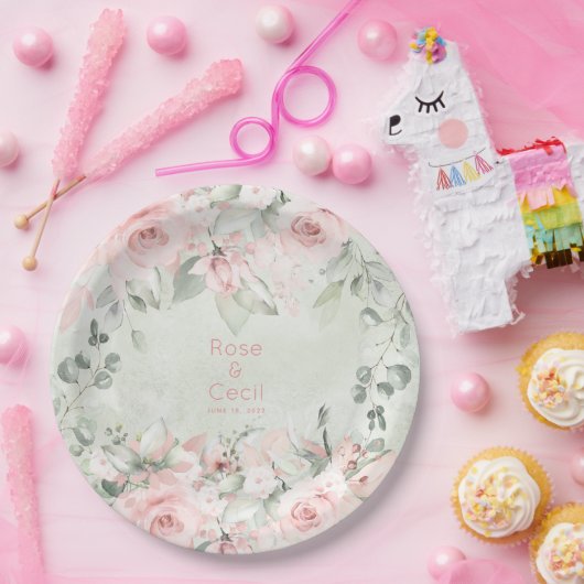 Blushing roze rozen bruiloft 9 inch diner papieren bordje (Feest)