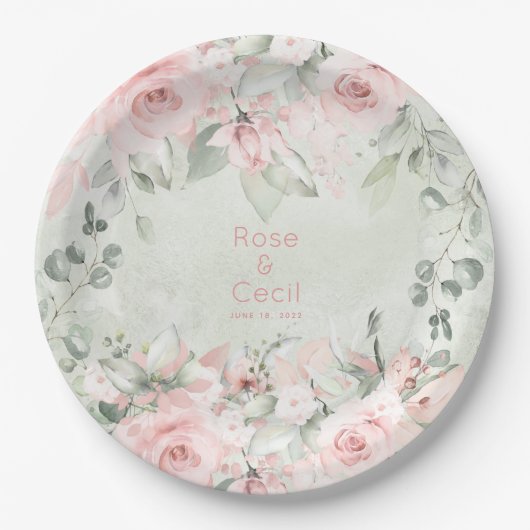 Blushing roze rozen bruiloft 9 inch diner papieren bordje (Voorkant)