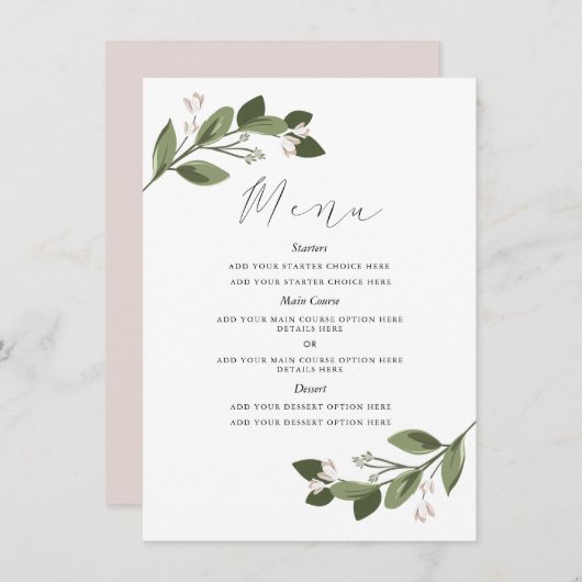 Blushing Sprigs Menu Kaart met Roze Rug (Voorkant / Achterkant)