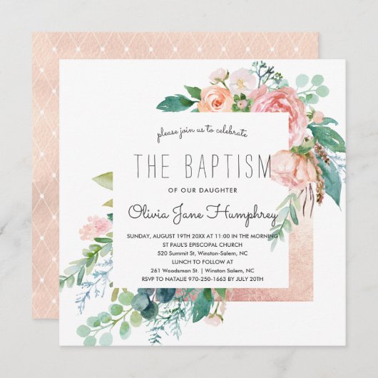 Blushing Summer Floral Baptism Invitation Kaart (Voorkant / Achterkant)