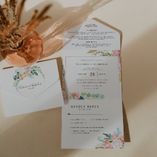 Blushing Summer Waterverf Floral Wedding All In One Uitnodiging