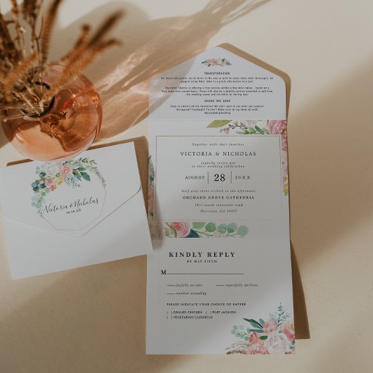 Blushing Summer | Waterverf Floral Wedding All In One Uitnodiging