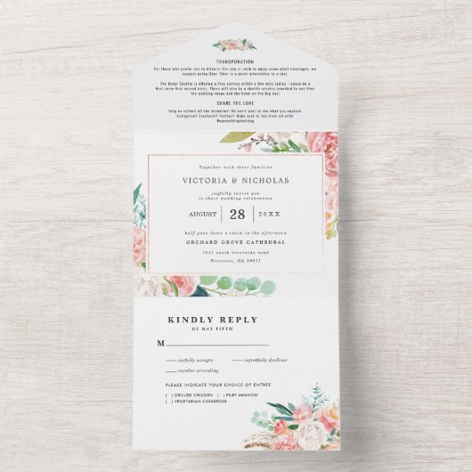 Blushing Summer | Waterverf Floral Wedding All In One Uitnodiging (Binnen)