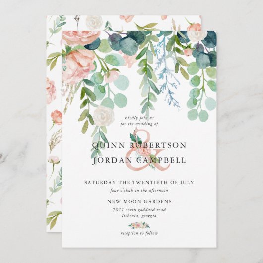 Blushing Summer | Waterverf Floral Wedding Kaart (Voorkant / Achterkant)