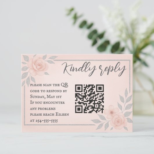 Blushing Vows QR Code Wedding RSVP Card (Staand voorkant)