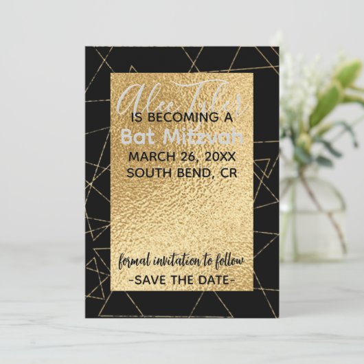 BM Bar Bat Mitswa Gold Stars Save The Date (Staand voorkant)