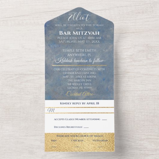 BM Bar Bat Mitzvah Blues Zilvers All In One Uitnodiging (Binnen)