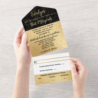 BM Bar Bat Mitzvah Elegant Gold Stars All In One Uitnodiging