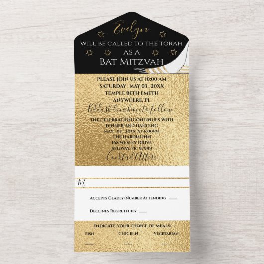 BM Bar Bat Mitzvah Elegant Goud All In One Uitnodiging (Binnen)