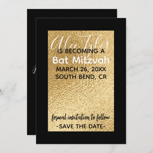 BM Bar Bat Mitzvah Elegant Goud Save The Date (Voorkant / Achterkant)