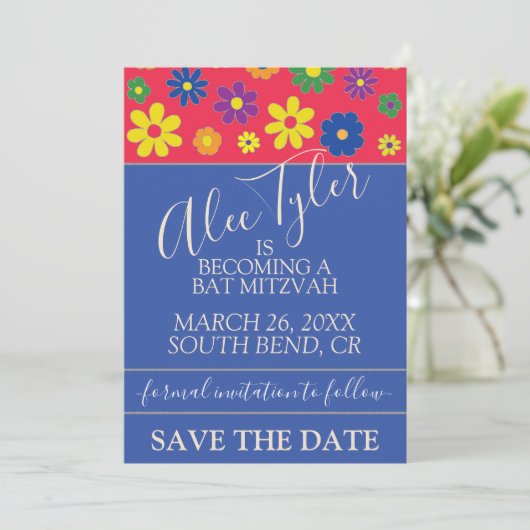 BM Bar Bat Mitzvah Flowery Save The Date (Staand voorkant)