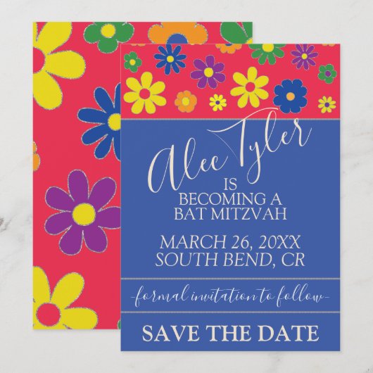 BM Bar Bat Mitzvah Flowery Save The Date (Voorkant / Achterkant)