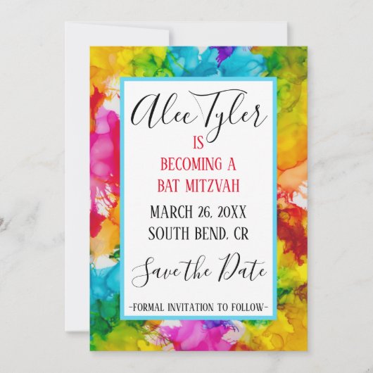 BM Bar Bat Mitzvah Splash van Kleur Save The Date (Voorkant)