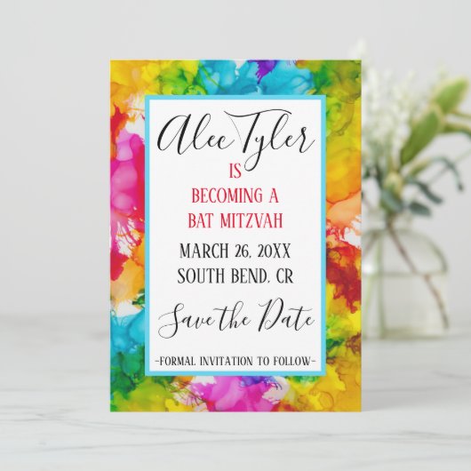 BM Bar Bat Mitzvah Splash van Kleur Save The Date (Staand voorkant)