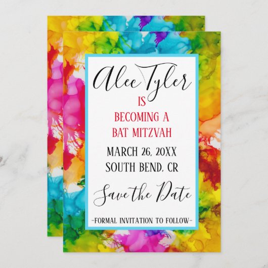 BM Bar Bat Mitzvah Splash van Kleur Save The Date (Voorkant / Achterkant)
