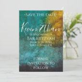 BM Bar Bat Mitzvah Uit deze wereld Save the Date (Staand voorkant)